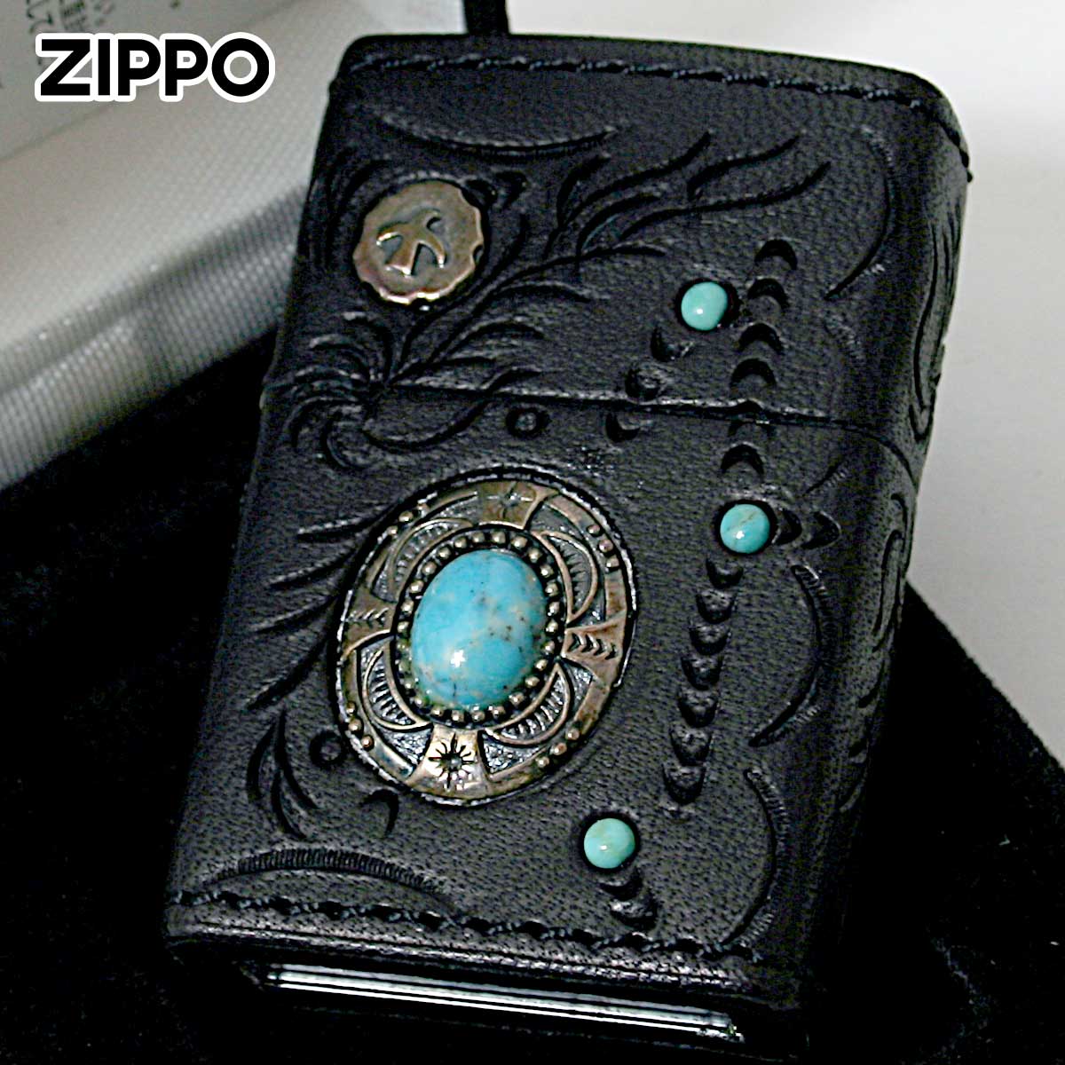Zippo ジッポー 革巻き 牛革 ターコイズ 天然石 ネイティブアメリカン インディアンスピリット ブラック INDIAN SPIRIT 純銀メタル FEATHER フェザー BK
