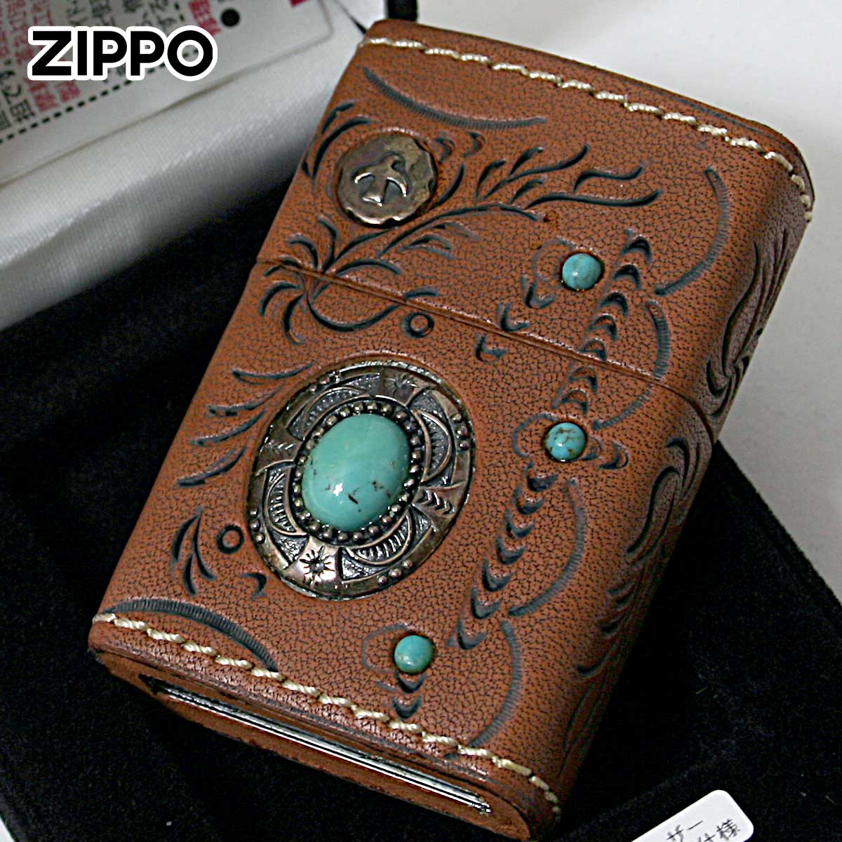 Zippo ジッポー 革巻き 牛革 ターコイズ 天然石 ネイティブアメリカン インディアンスピリット ブラウン INDIAN SPIRIT 純銀メタル FEATHER フェザー BW