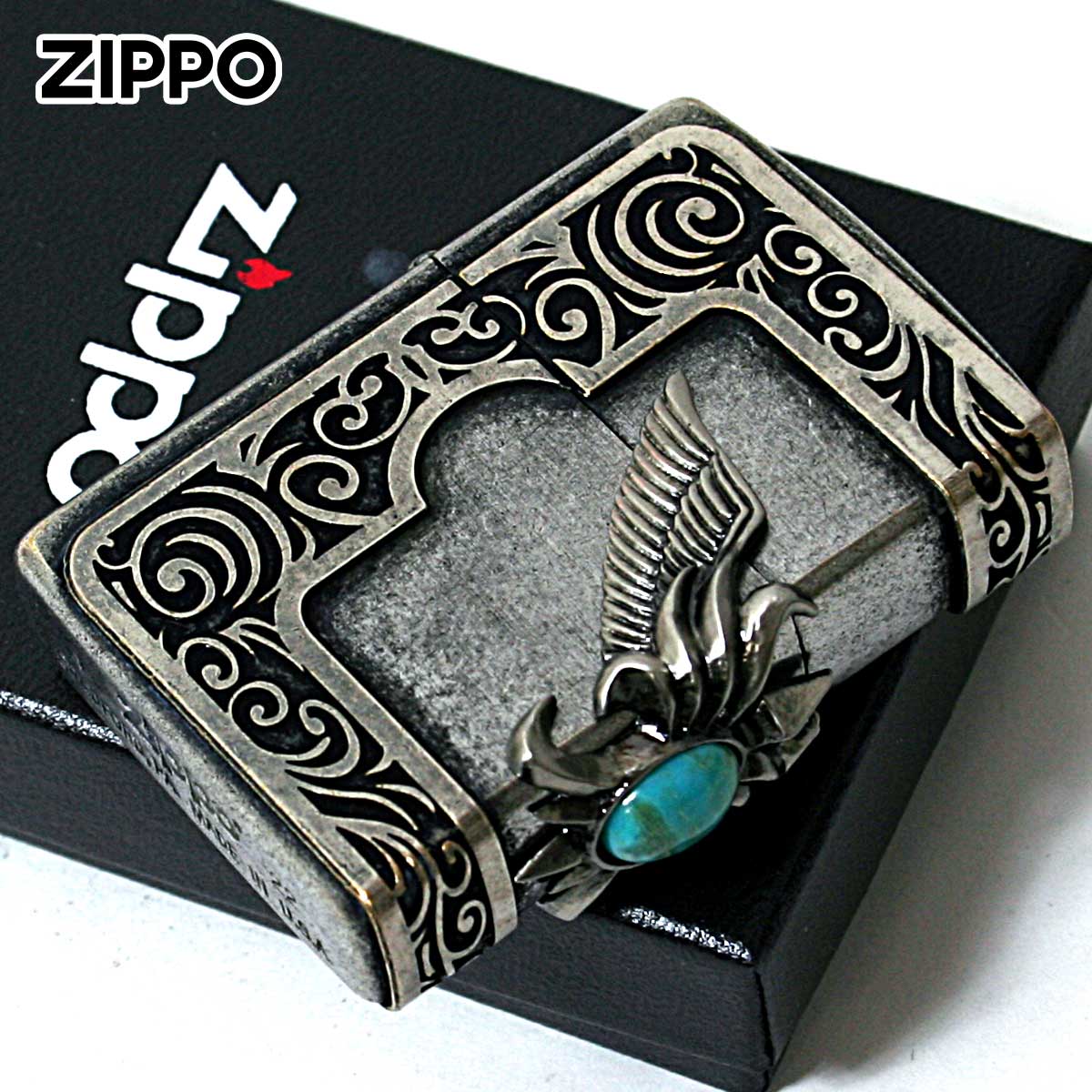 Zippo ジッポー ターコイズ 天然石 ウイング 羽 3面連続メタル 古美バレル STONE WING METASL Turquoise #200FB 古美バレル