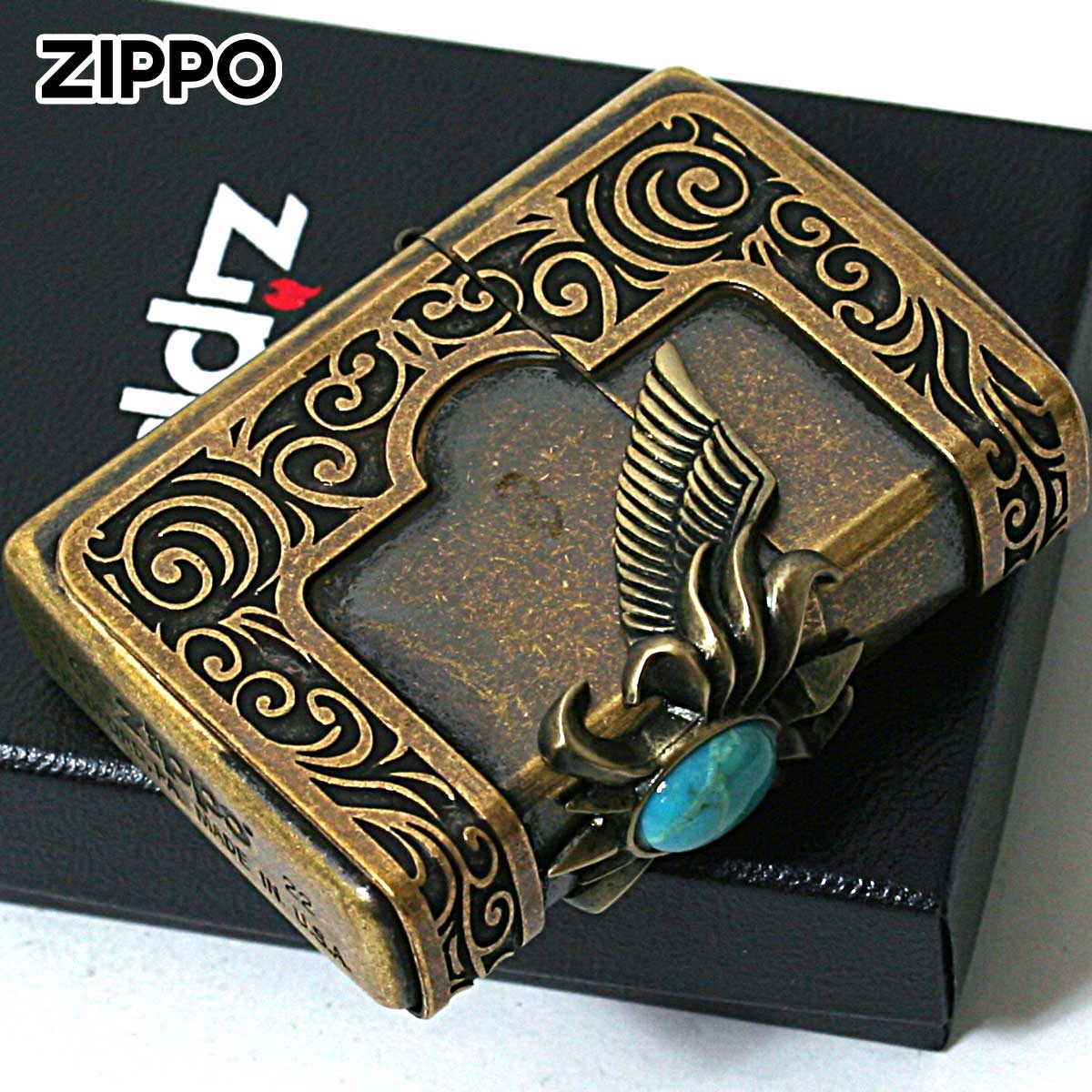 Zippo ジッポー ターコイズ 天然石 ウイング 羽 3面連続メタル ブラス古美バレル STONE WING METASL Turquoise #200 ブラス古美バレル