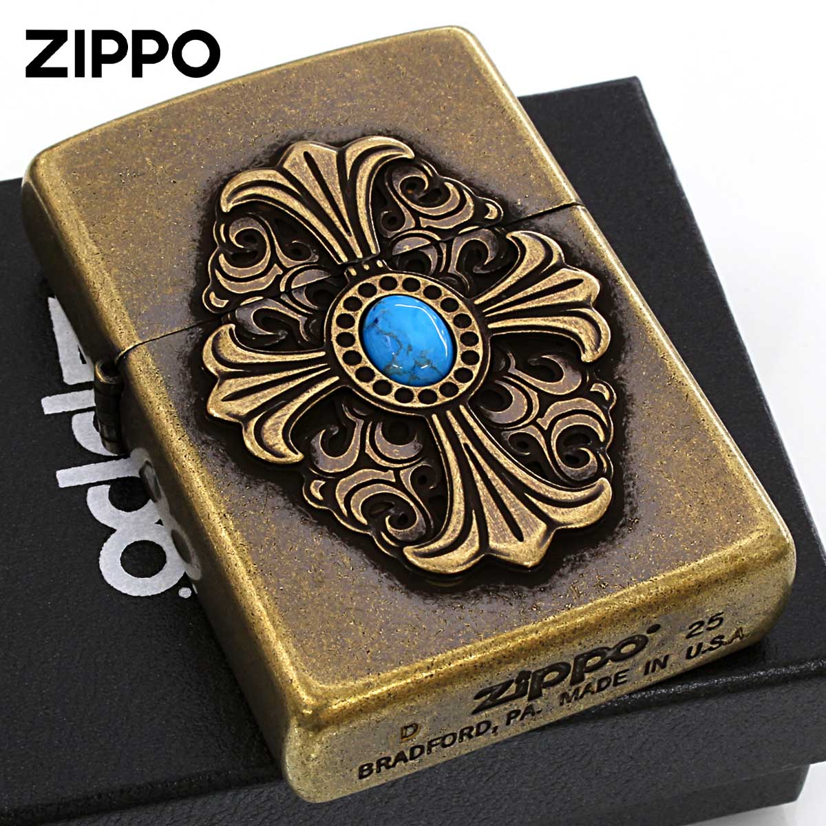 Zippo ジッポー ビックメタル クロス 十字架 ターコイズ 天然石 クロス&ターコイズ