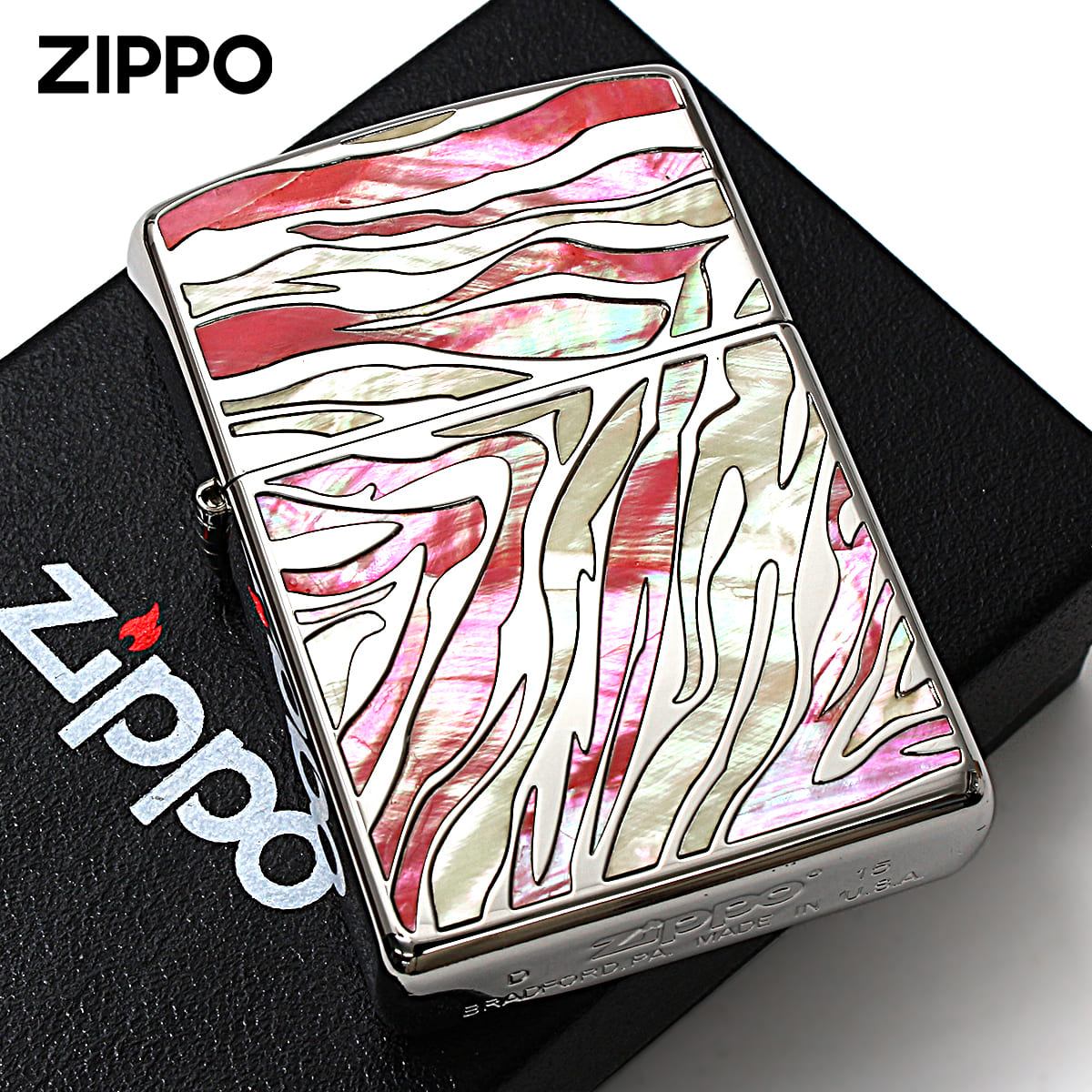 Zippo ジッポー ゼブラ シェル 貝 インレイ 象嵌 SAFARI ピンク SFR-ZB メール便可