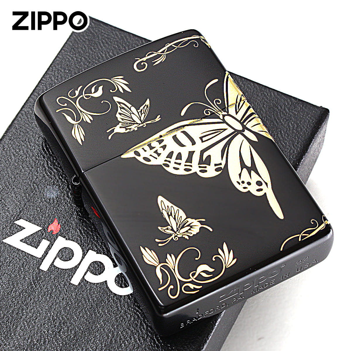 Zippo ジッポー 蝶々 バタフライ アラベスク 唐草 3面連続加工 イオンマットBK 金サシ 2BTF-A メール便可