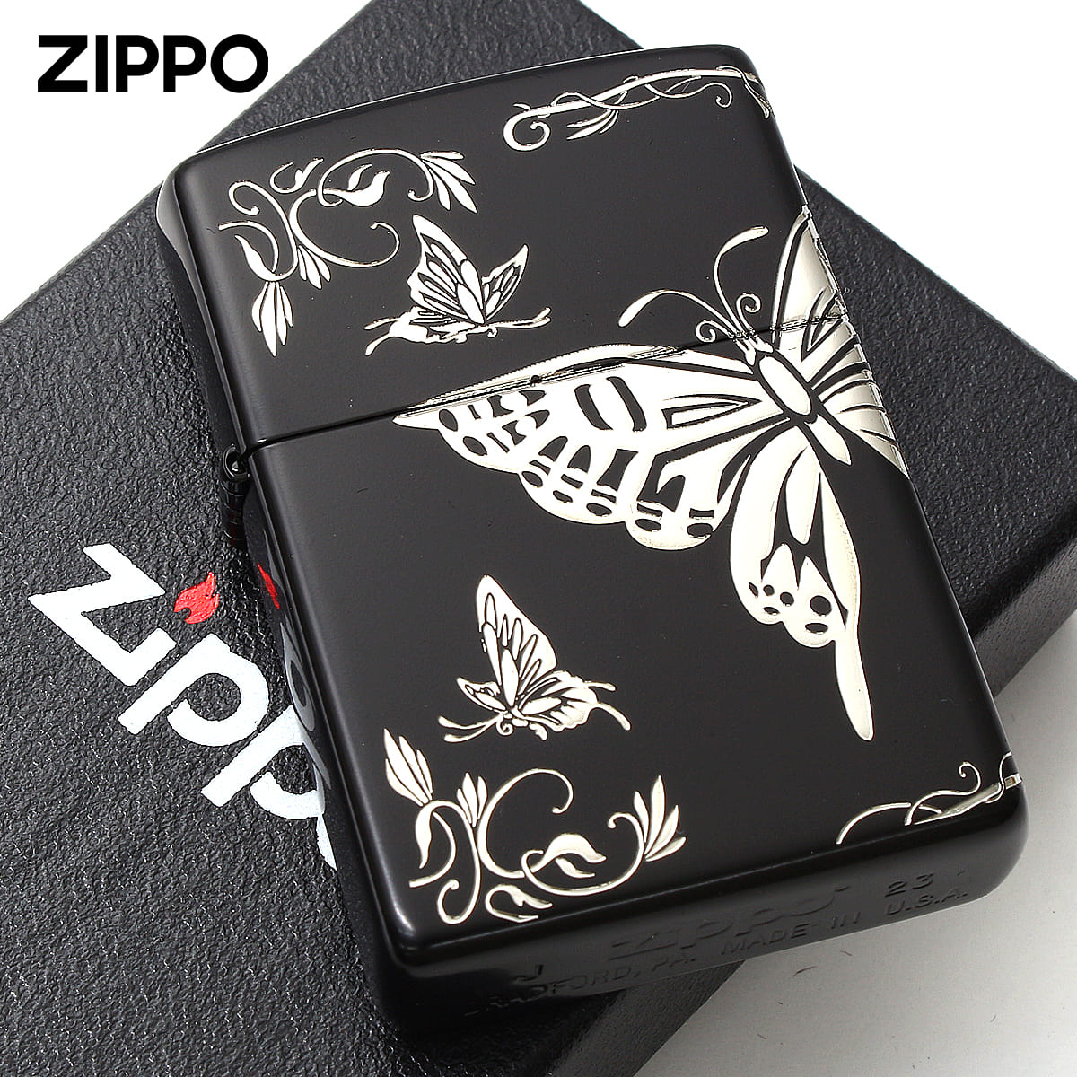 Zippo ジッポー 蝶々 バタフライ アラベスク 唐草 3面連続加工 イオンマットBK 銀サシ 2BTF-B メール便可