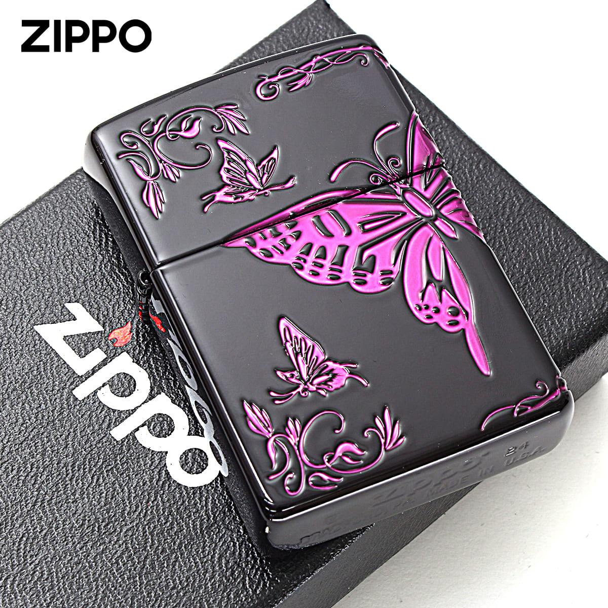 Zippo ジッポー 蝶々 バタフライ アラベスク 唐草 3面連続加工 イオンマットBK イオンパープルサシ 2BTF-C メール便可