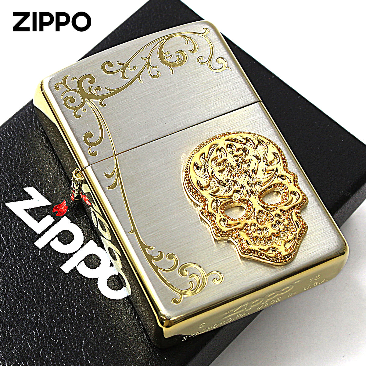 Zippo ジッポー スカル ドクロ 骸骨 アラベスク 唐草 シークレットガーデン シルバーサテン＆金メッキ The Seacret Garden TSG-E メール便可