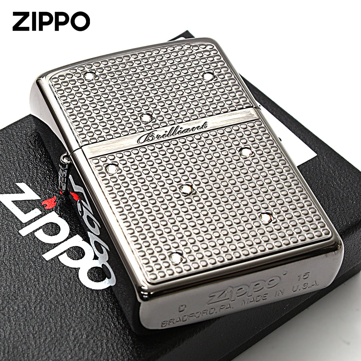Zippo ジッポー ブリリアント スワロフスキー ブラックニッケル プレート貼り Brilliant Swarovski BN メール便可
