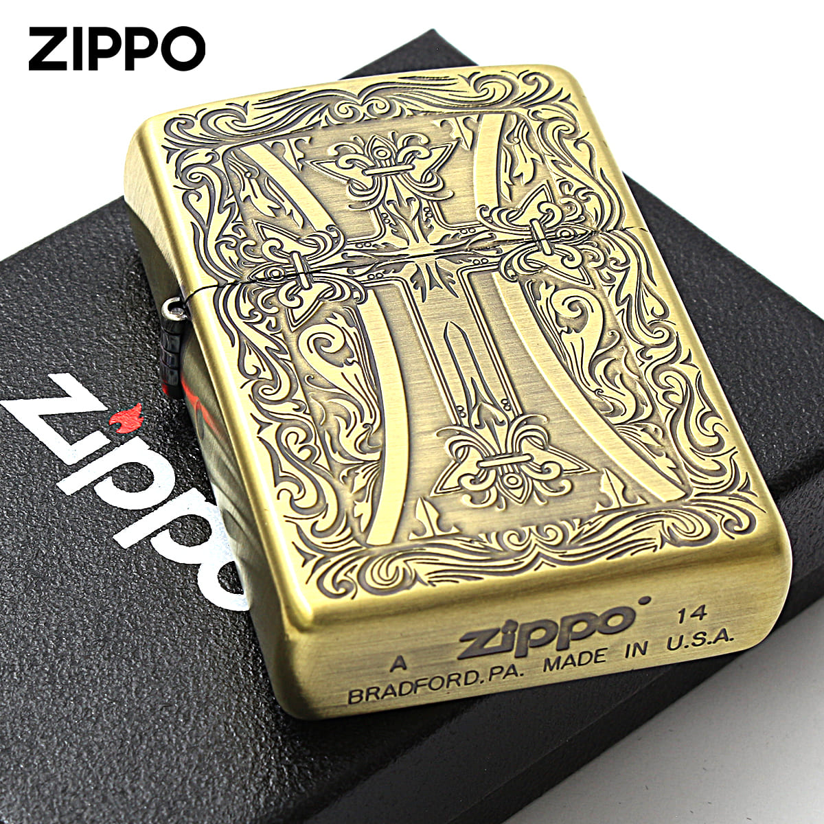 Zippo ジッポー クロス 十字架 Cross アラベスク 唐草 クラッシック クロス ブラス古美 Classic Cross B メール便可