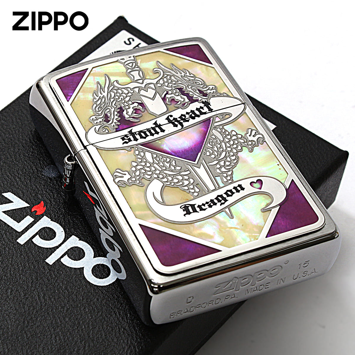 Zippo ジッポー 龍 ドラゴン シェル 貝 インレイ 象嵌 剣 パープル Shell Dragon SHD-PR メール便可