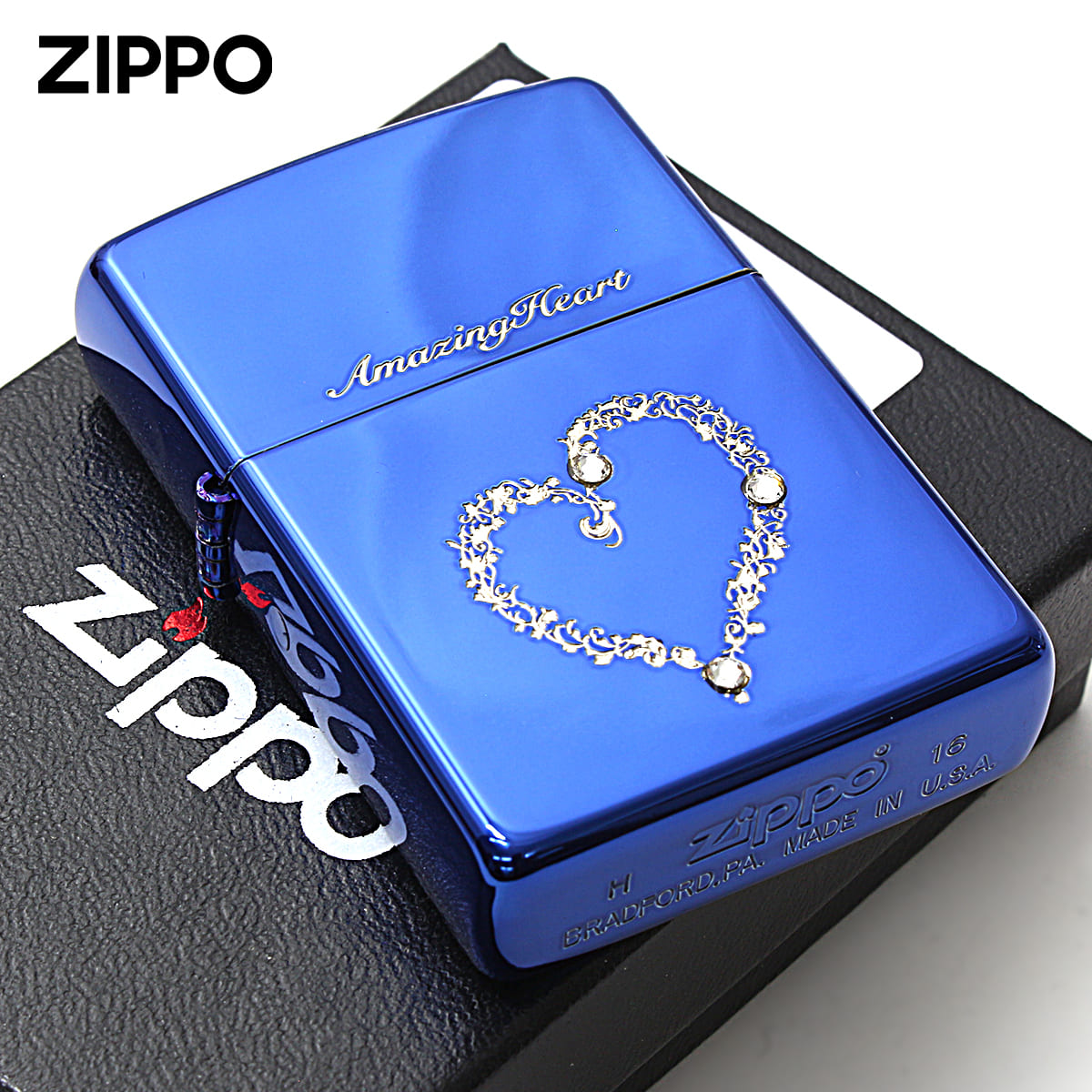 Zippo ジッポー アメージングハート スワロフスキー ブルー Amazing Heart BL メール便可