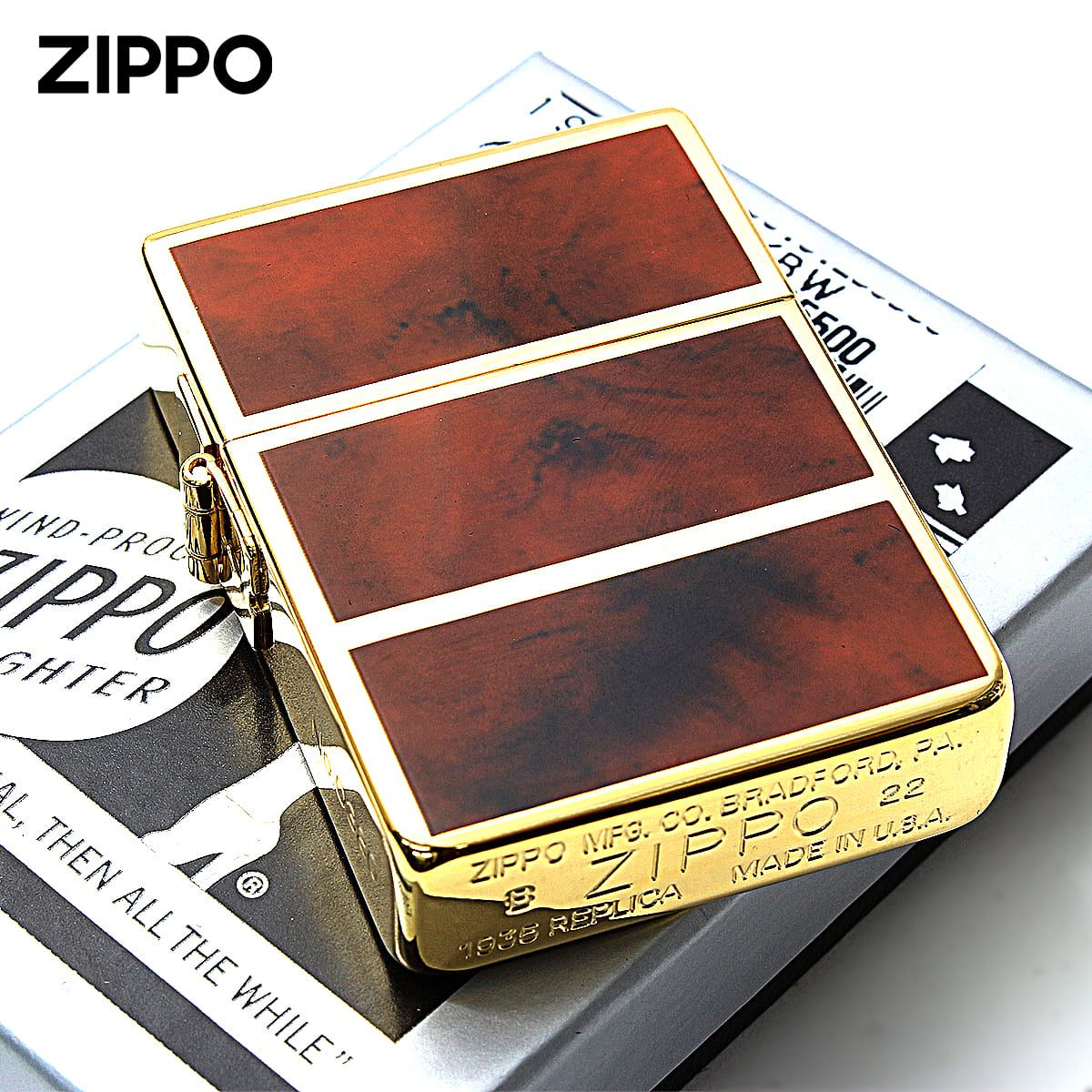Zippo ジッポー 1935レプリカ マーブル 4面加工 1935EPG ブラウン シリアル番号 ゴールドタンク BW