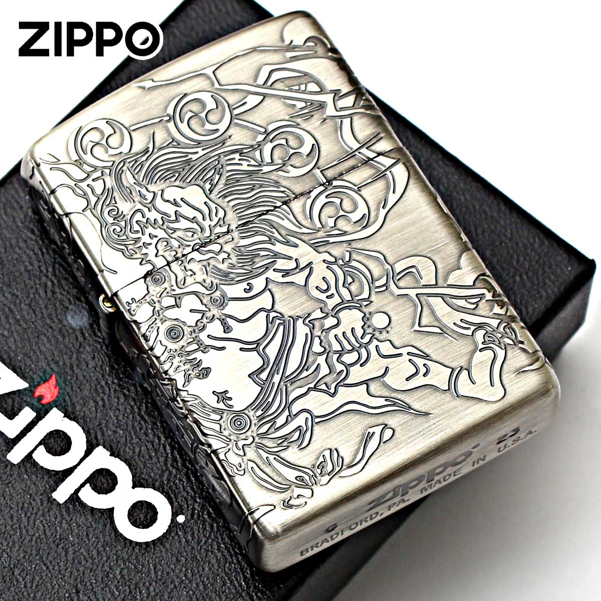 Zippo ジッポー 風神雷神 縁起物 4面連続デザイン ニッケル古美 NI