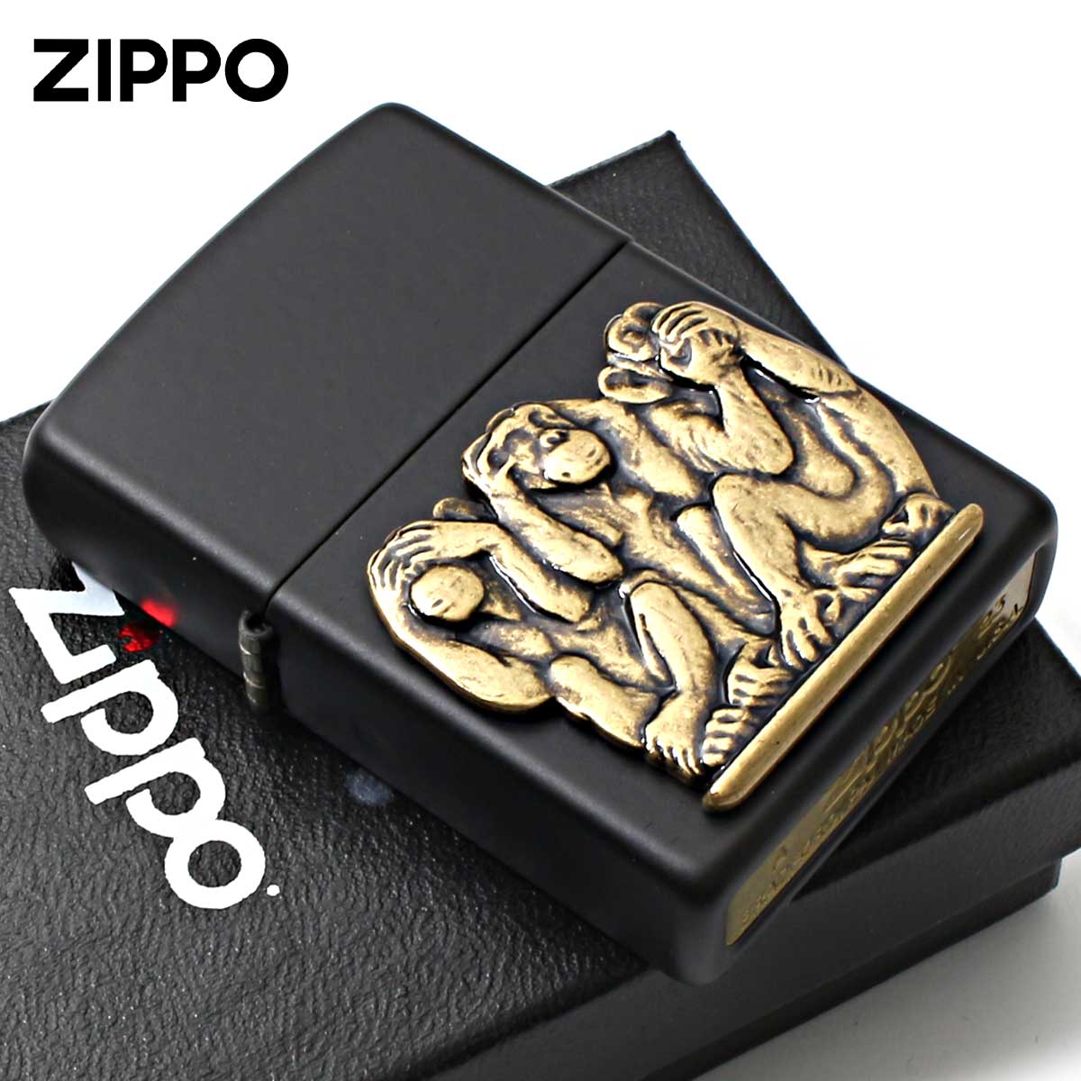 Zippo ジッポー 三猿 見ざる 聞かざる 言わざる Three wise monkeys ブラックマット 29409 メール便可