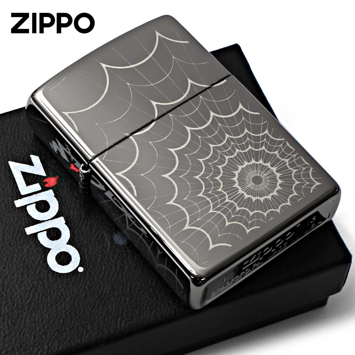 Zippo ジッポー 蜘蛛の巣 5面連続加工 Web All Over ブラックアイス 鏡面 ポリッシュ PVD加工 28527 メール便可