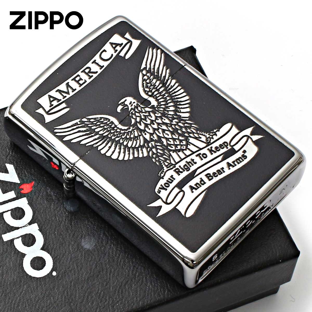Zippo ジッポー アメリカンイーグル 鷲 America Eagle Right to Bear Arms 鏡面 ポリッシュ クローム 28290 メール便可
