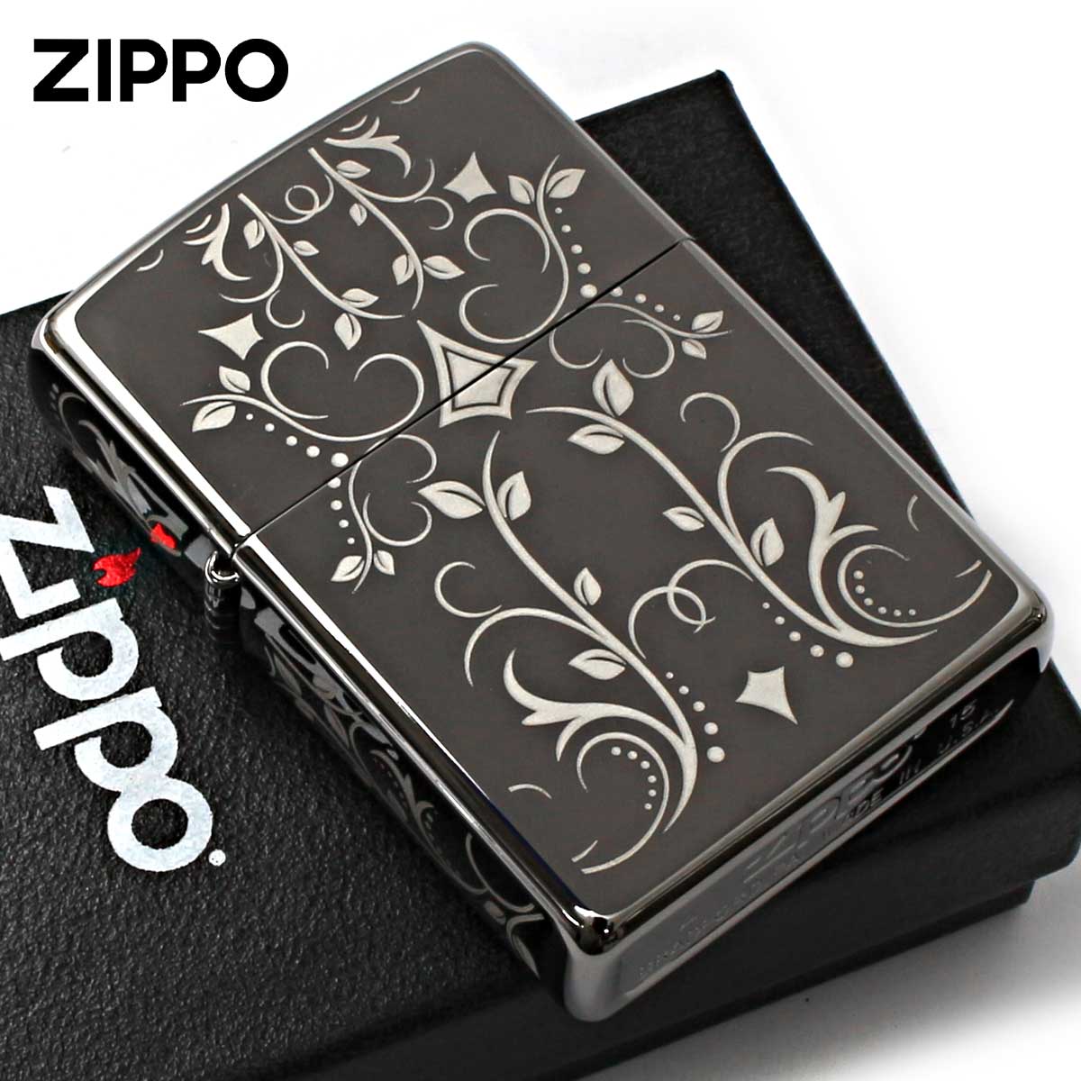 Zippo ジッポー アラベスク 唐草 フィリグリー加工 FILIGREE ブラックアイス 鏡面 ポリッシュ PVD加工 28833 メール便可