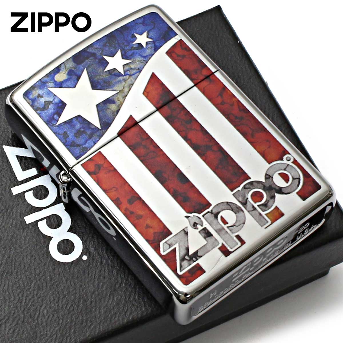 Zippo ジッポー アメリカ国旗 ジッポ ロゴ Fusion American Flag ZIPPO Logo 鏡面 ポリッシュ クローム 29095 メール便可