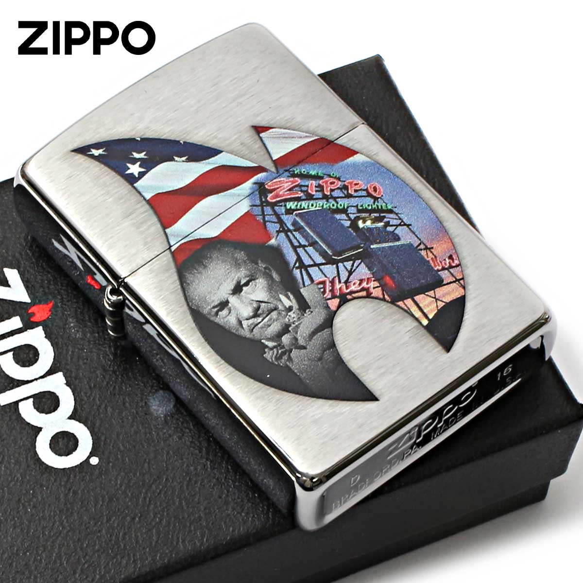 Zippo ジッポー 炎 アイコンフレーム アメリカ国旗 ジョージ・グランド・ブレイズデル Zippo Flame Collage ブラッシュドクローム 29075 メール便可