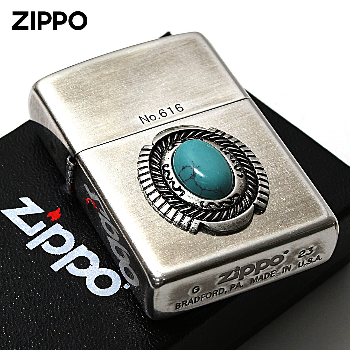 Zippo ジッポー イミテーションストーン ターコイズ Turquoise 銀メッキいぶし シリアル番号 80052