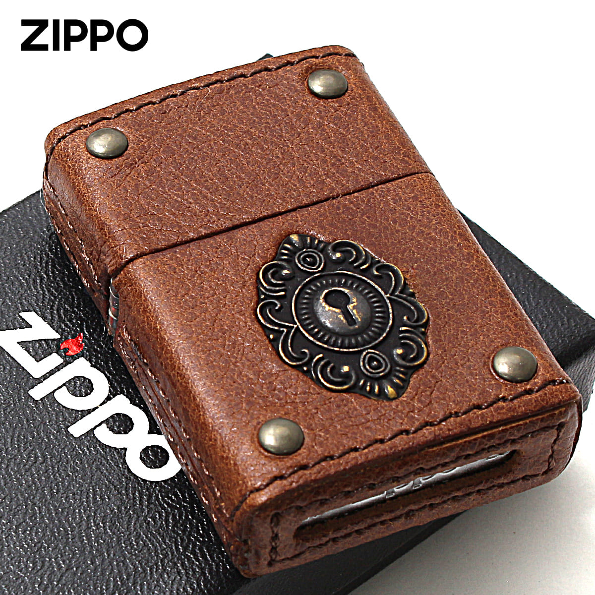 Zippo ジッポー 革巻き レーザー キーホールメタル LEATHER WINDING Keyhole Metal BN 2-50a ブラウン 80071