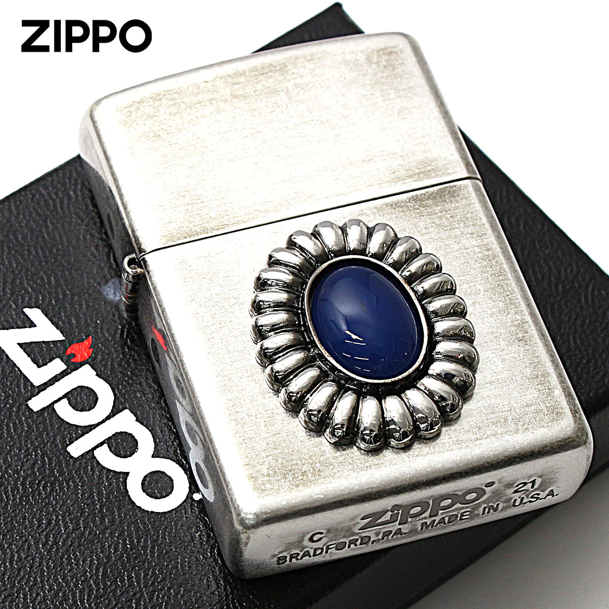 Zippo ジッポー 天然石 パワーストーン ブルーアゲード 銀メッキバレル 70641 メール便可