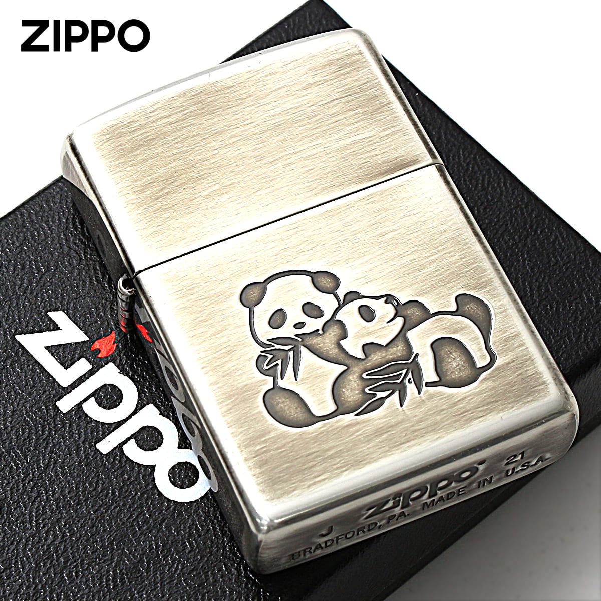 Zippo ジッポー 双子パンダ いきものモチーフ 動物 銀メッキいぶし 80046 メール便可